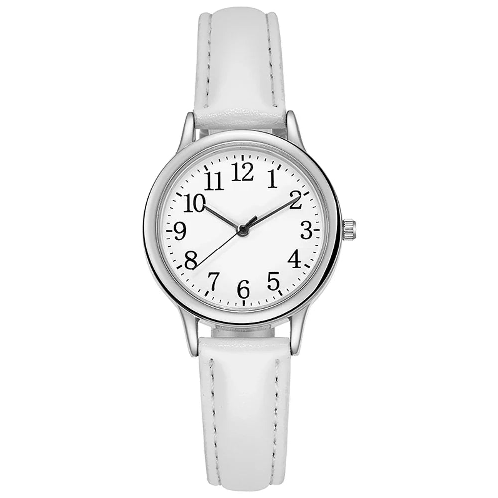 Orologio al quarzo da donna alla moda per il tempo libero, numeri arabi facili da leggere, quadrante semplice, cinturino in pelle PU, colore caramella
