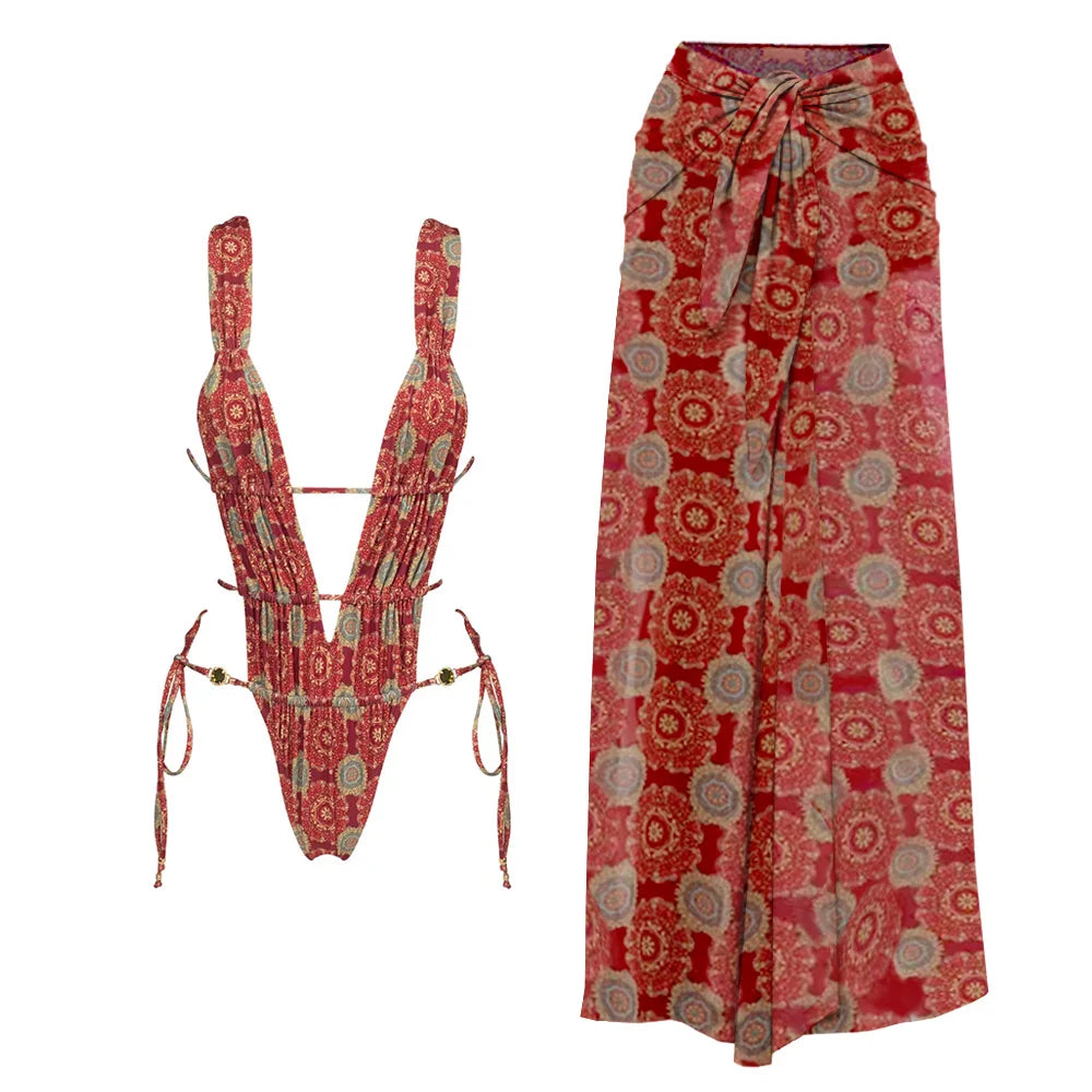 2025 Nuove stampe retrò scava fuori costume intero donna sexy costumi da bagno con lacci tropicale estate beachwear costume da bagno tuta