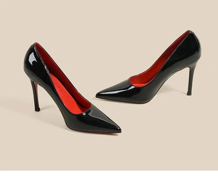 7cm Black Red Sole High Heels Spring Pointed Toe Stiletto Heel Sexy Shiny Single Shoes Fashion Patent Leather Women's Shoes