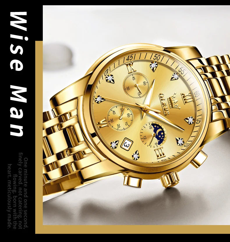 OLEVS 2858 Orologio da Uomo in Acciaio Inossidabile, Impermeabile, Antigraffio, con Fasi Lunari, Luminoso, Cronografo, Orologio da Polso al Quarzo di Lusso