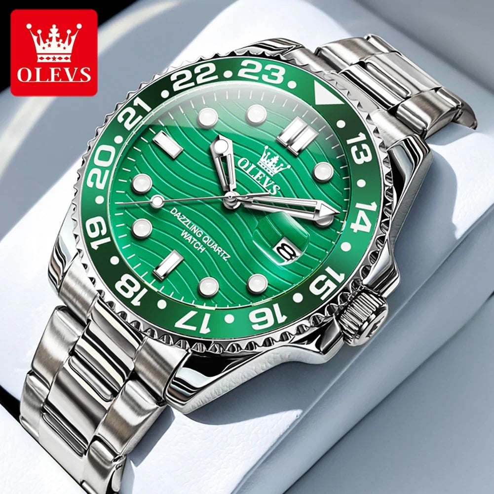 OLEVS Orologi da uomo Trend Luxury Cinturino in acciaio pregiato Grande data Orologio da polso al quarzo di marca originale per uomo Impermeabile luminoso 5885 Nuovo