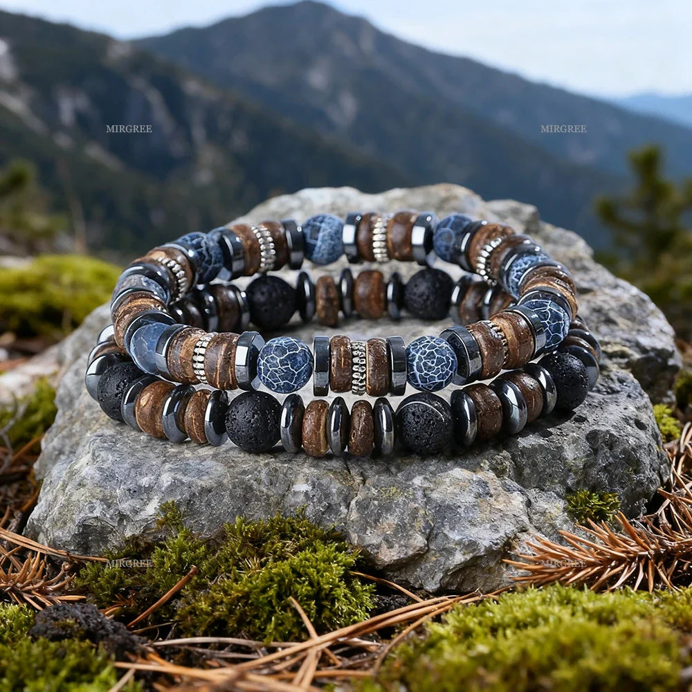 Set di braccialetti con perline in pietra naturale da uomo da 2 pezzi, gioielli da uomo in stile retrò fatto a mano all'aperto, regalo da uomo