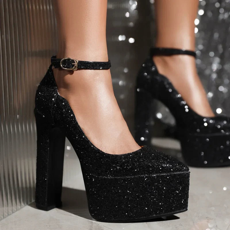 Ochanmeb Bling Bling Silver Gold Glitter Shoes Woman Ultra High Heels Platform Buckle Sequin Red Pumps Ladies Party Prom Wedding