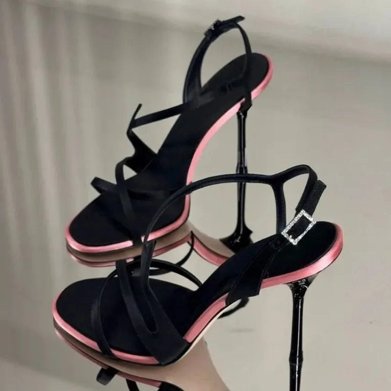 Satin Color Block Stiletto Fashionable High Heels with One Belt 2026 New Summer Sexy Temperament Versatile Sandals