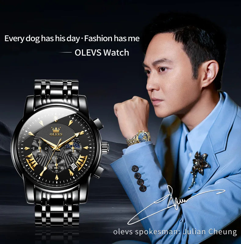 OLEVS Orologi al quarzo da uomo Orologi di marca in acciaio inossidabile Orologio sportivo impermeabile per uomo Cronografo con fasi lunari