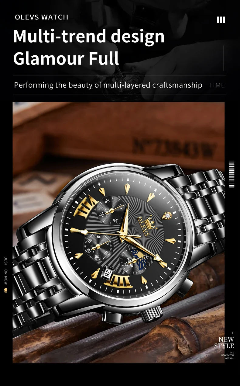 OLEVS Orologi al quarzo da uomo Orologi di marca in acciaio inossidabile Orologio sportivo impermeabile per uomo Cronografo con fasi lunari
