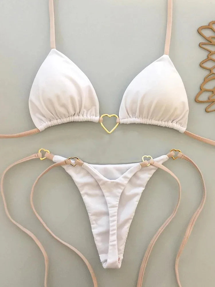 Nuovo costume da donna bikini bianco tinta unita costume da bagno alla moda con lacci a vita bassa set da due pezzi
