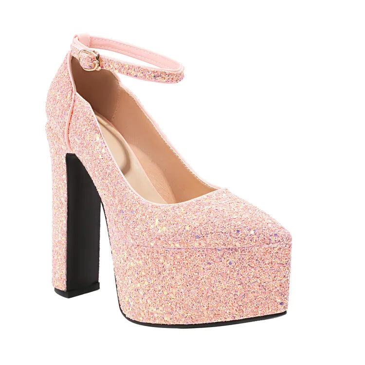 Ochanmeb Bling Bling Silver Gold Glitter Shoes Woman Ultra High Heels Platform Buckle Sequin Red Pumps Ladies Party Prom Wedding