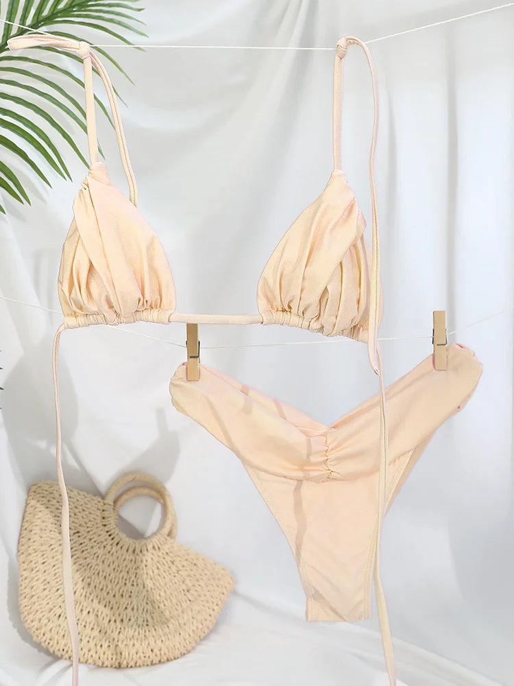 Set Bikini Sexy con Pieghe, Micro Bikini Tinta Unita, Costume da Bagno Femminile a Triangolo, Abbigliamento da Spiaggia