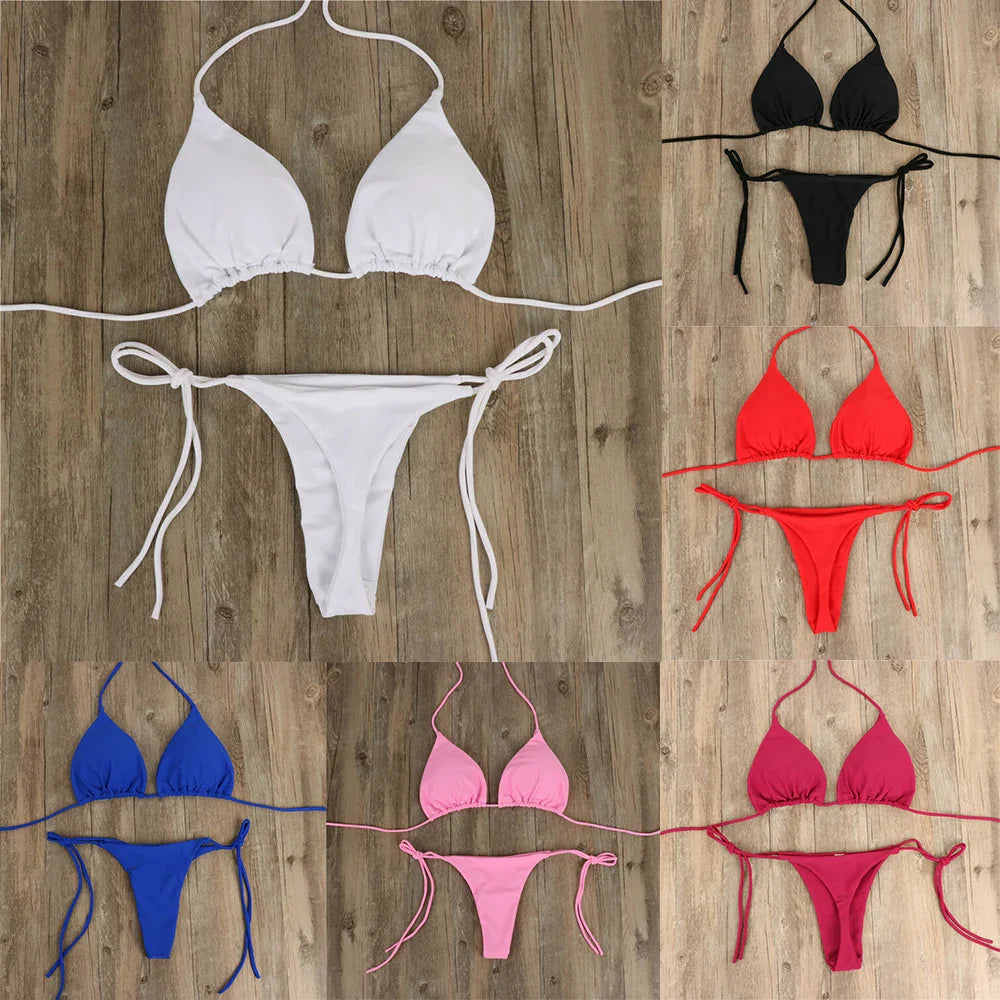 Set bikini sexy perizoma da donna Costume da bagno laterale stile fasciatura Costume da bagno brasiliano con cinturino diviso Set costume da bagno femminile solido regolabile