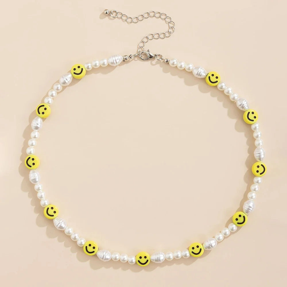 Bracciale con collana con volto sorridente di perle divertenti per donna Uomo Vitalità Sorriso colorato Accessori girocollo con perline Set di gioielli di moda