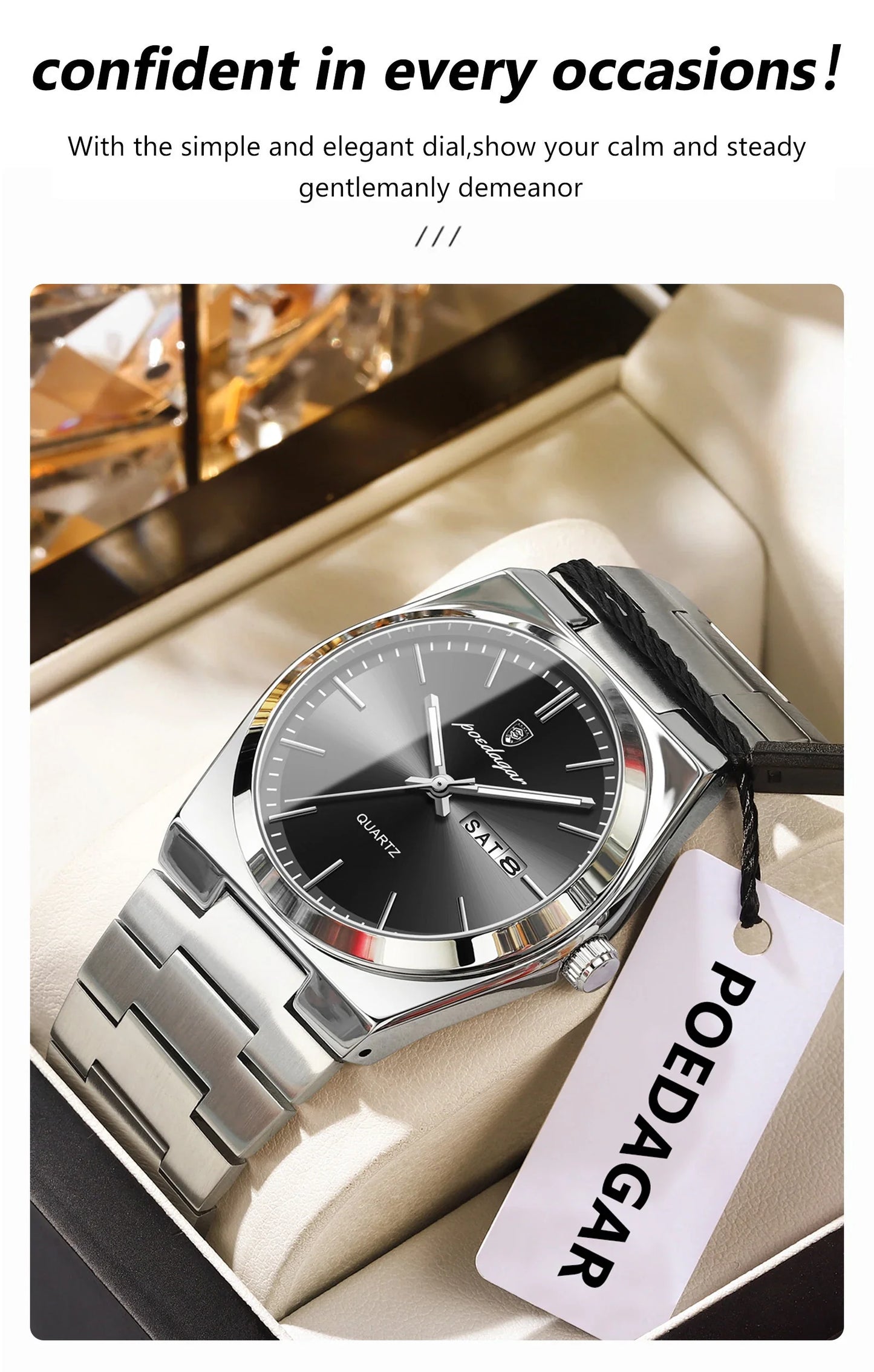 POEDAGAR Orologio da polso al quarzo da uomo di lusso Impermeabile luminoso Data Settimana Orologio da uomo Orologi da uomo d'affari in acciaio inossidabile