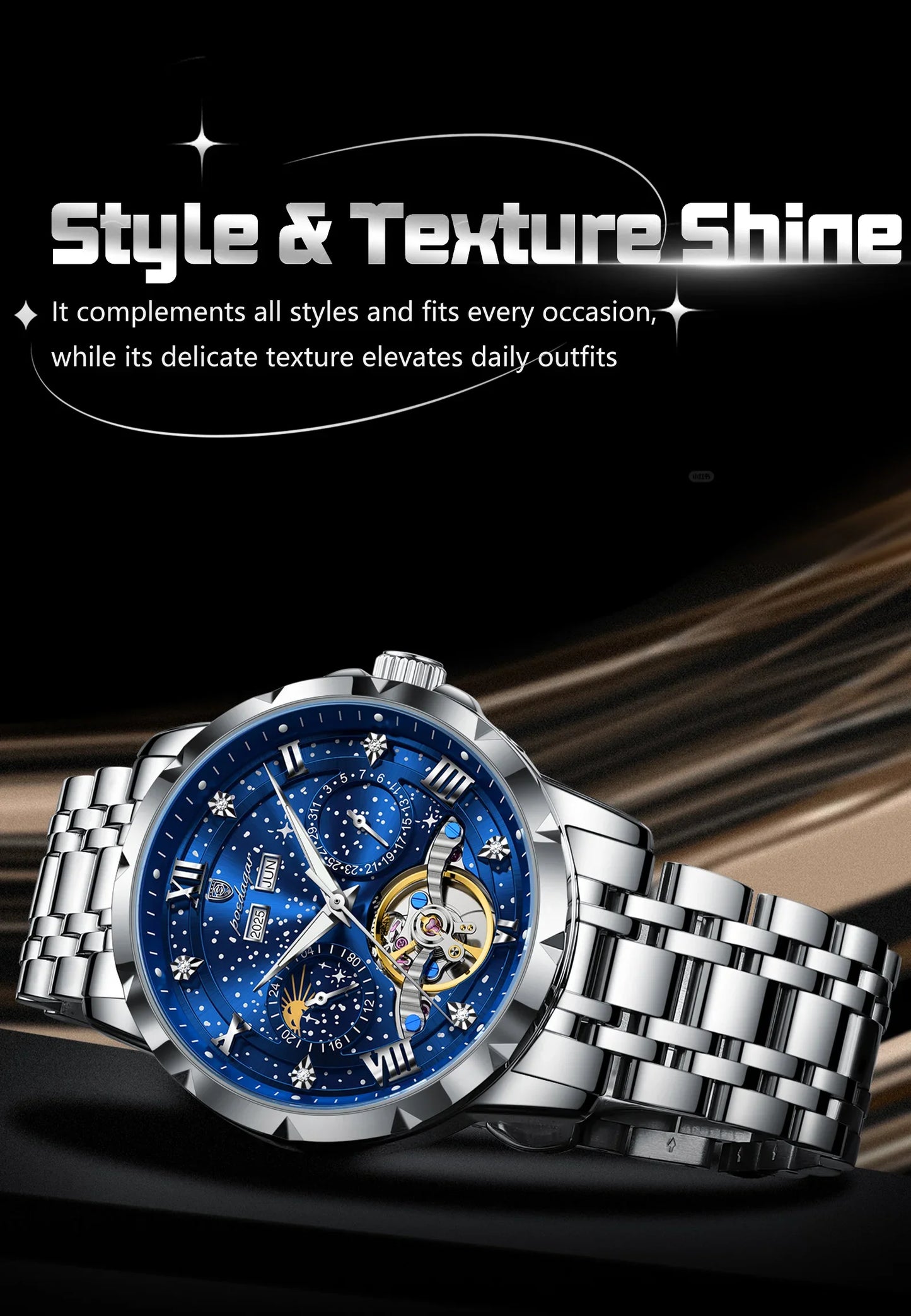 POEDAGAR Top Orologio da uomo originale Orologio meccanico automatico da uomo in acciaio inossidabile Calendario Hollow Tourbillon Orologio da uomo Maschio + scatola