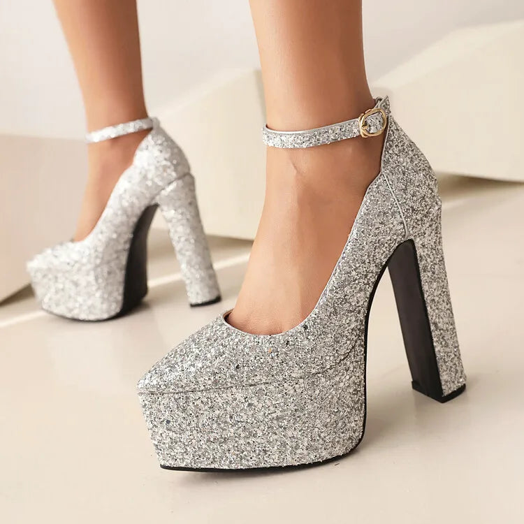 Ochanmeb Bling Bling Silver Gold Glitter Shoes Woman Ultra High Heels Platform Buckle Sequin Red Pumps Ladies Party Prom Wedding