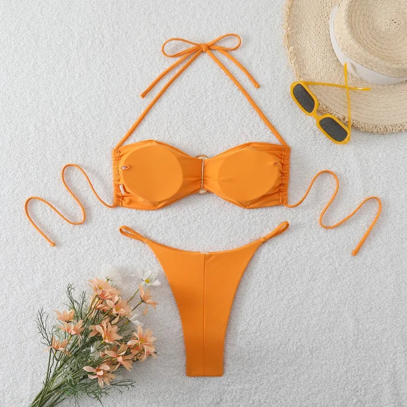 Costume da Bagno da Spiaggia alla Moda, Set Bikini a Perizoma per Donna, Sexy Costume da Bagno a Triangolo con Lacci, Due Pezzi, Stile Brasiliano, Tinta Unita