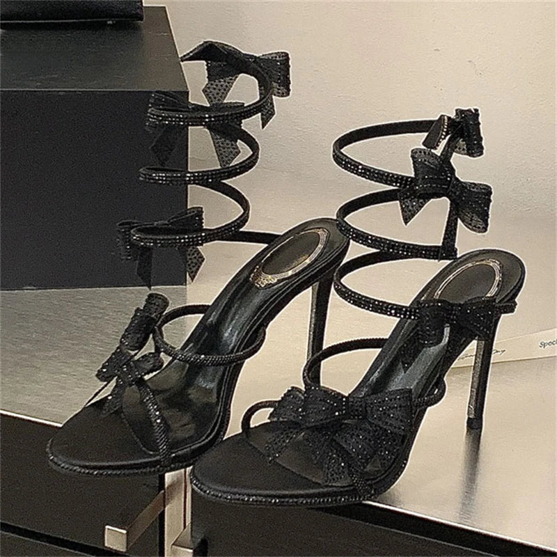 Aneikeh Elegant Pink Wedding Shoes CRYSTAL Bow High Heels Sandals Woman Summer Ankle Strap Thin High Heels Open Toed Party Shoes