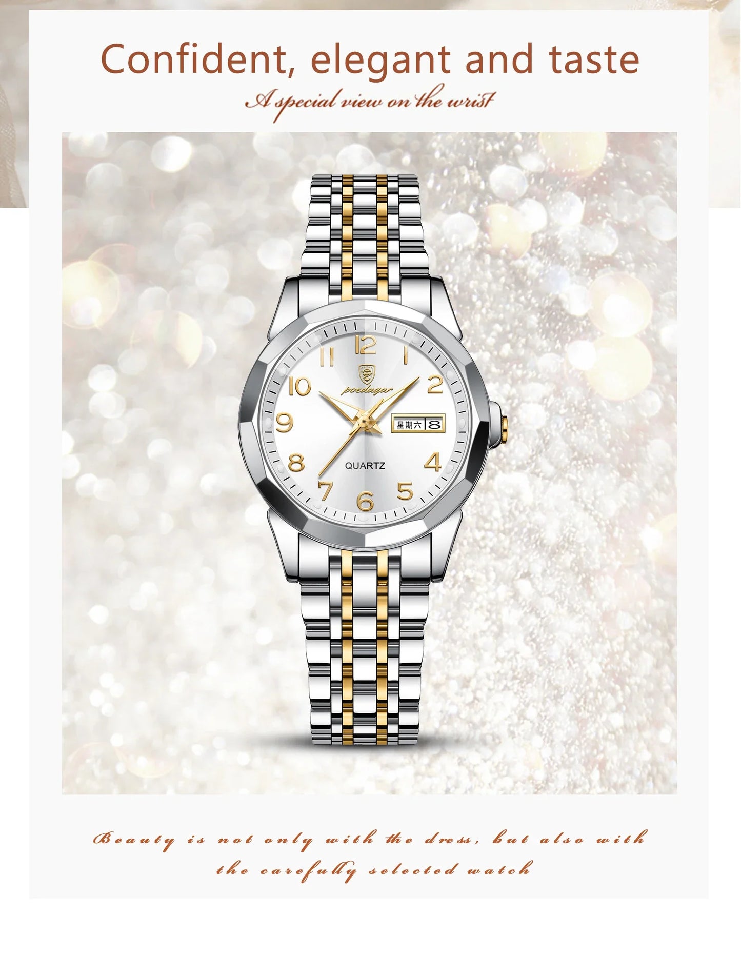 POEDAGAR elegante orologio da polso da donna al quarzo impermeabile luminoso data settimana orologio da donna orologi da donna casual in acciaio inossidabile reloj