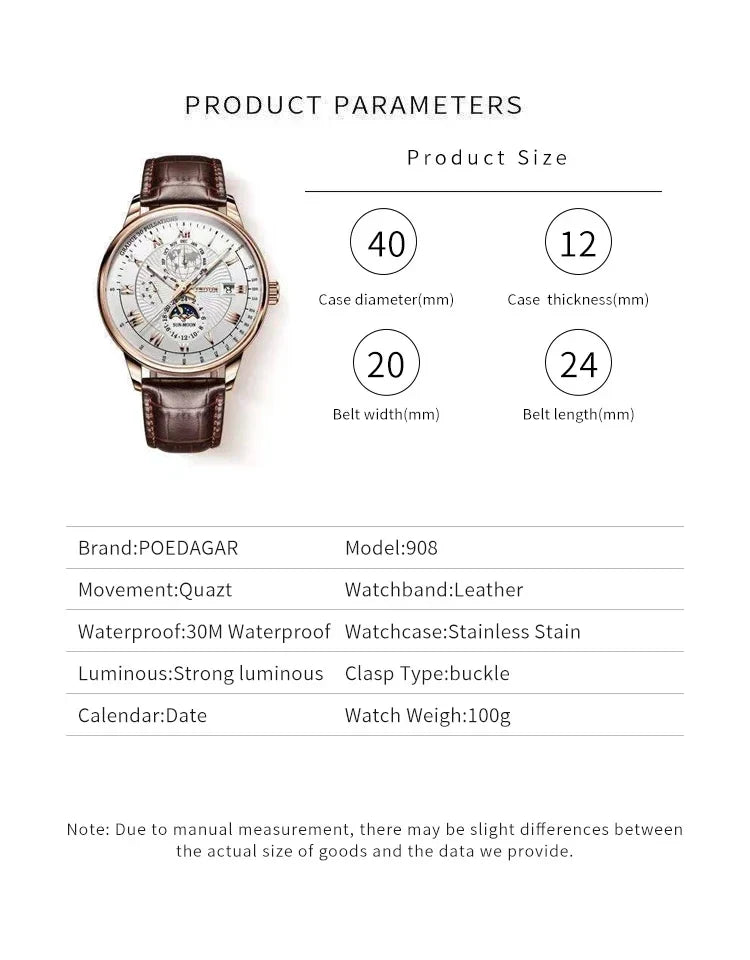 Orologio da uomo di lusso cronografo impermeabile modello fasi lunari orologio da polso da uomo luminoso in pelle orologi al quarzo da uomo orologio Casual
