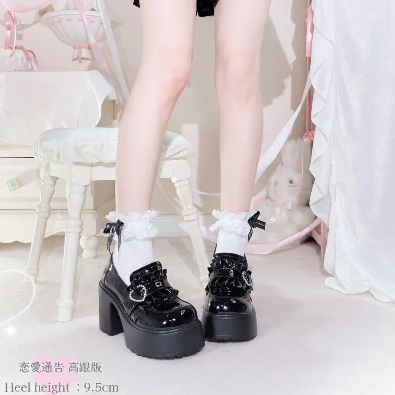 Sweet Heart-Shaped Buckle Lolita High Heels Pump Shoes for Women Y2k PU Leather Waterproof Platform Mary Janes Shoes