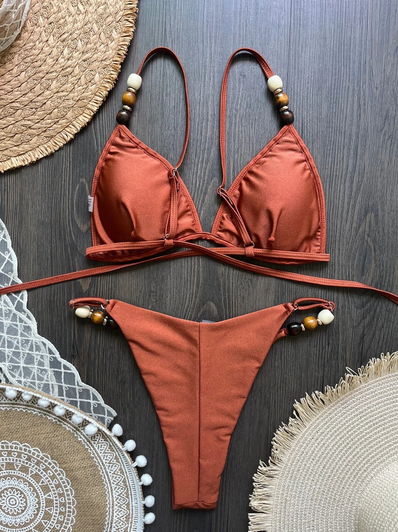 Sexy marrone bikini set 2026 donne perle cinturino foro fuori reggiseno push up perizoma costume da bagno brasiliano spiaggia costume da bagno micro costumi da bagno