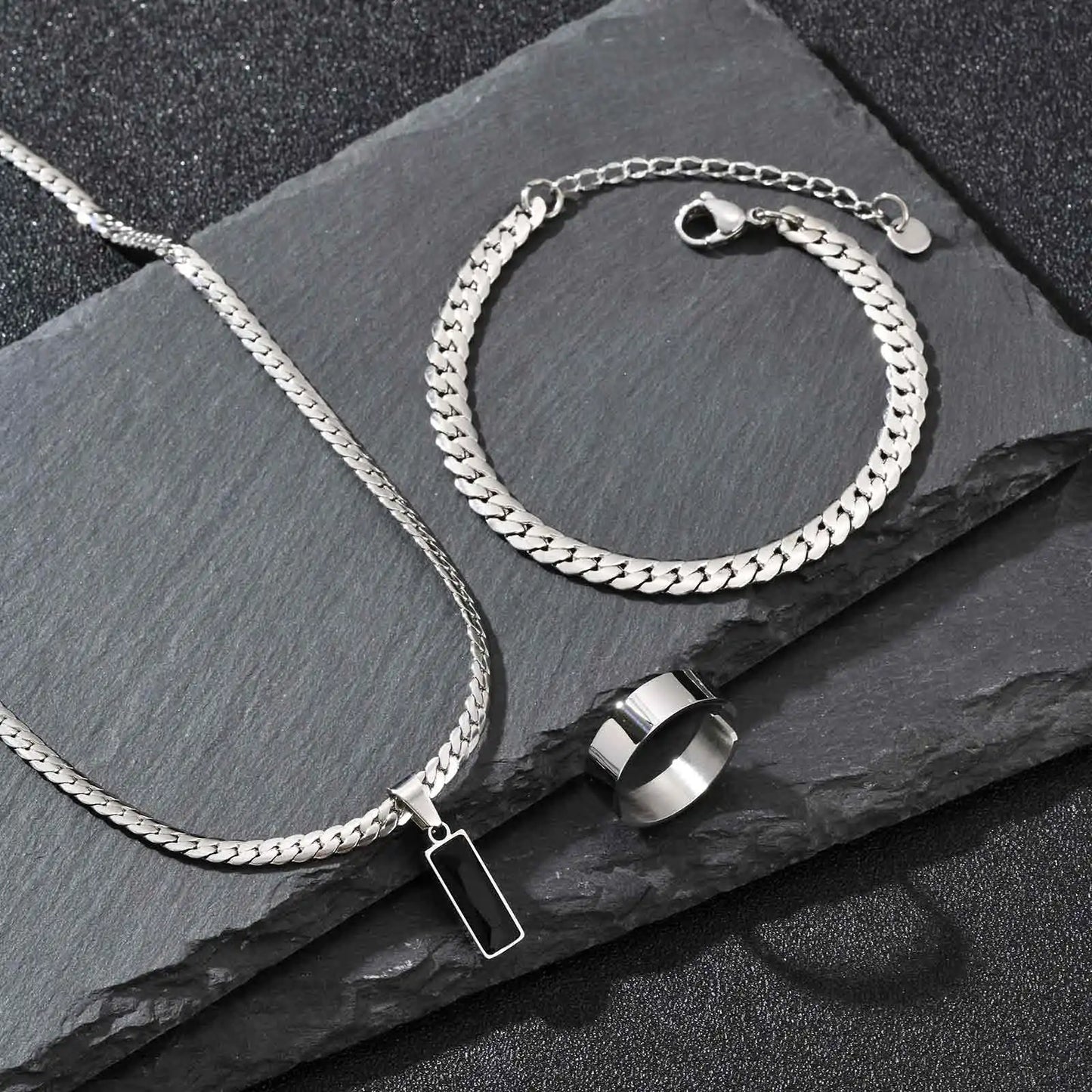 Elegante Set di Gioielli da Uomo con 3 Pezzi, Catena Cubana Piatta, Ciondolo Geometrico in Acciaio Inox con Pietra, Gioielli Hip Hop, Regalo per Lui