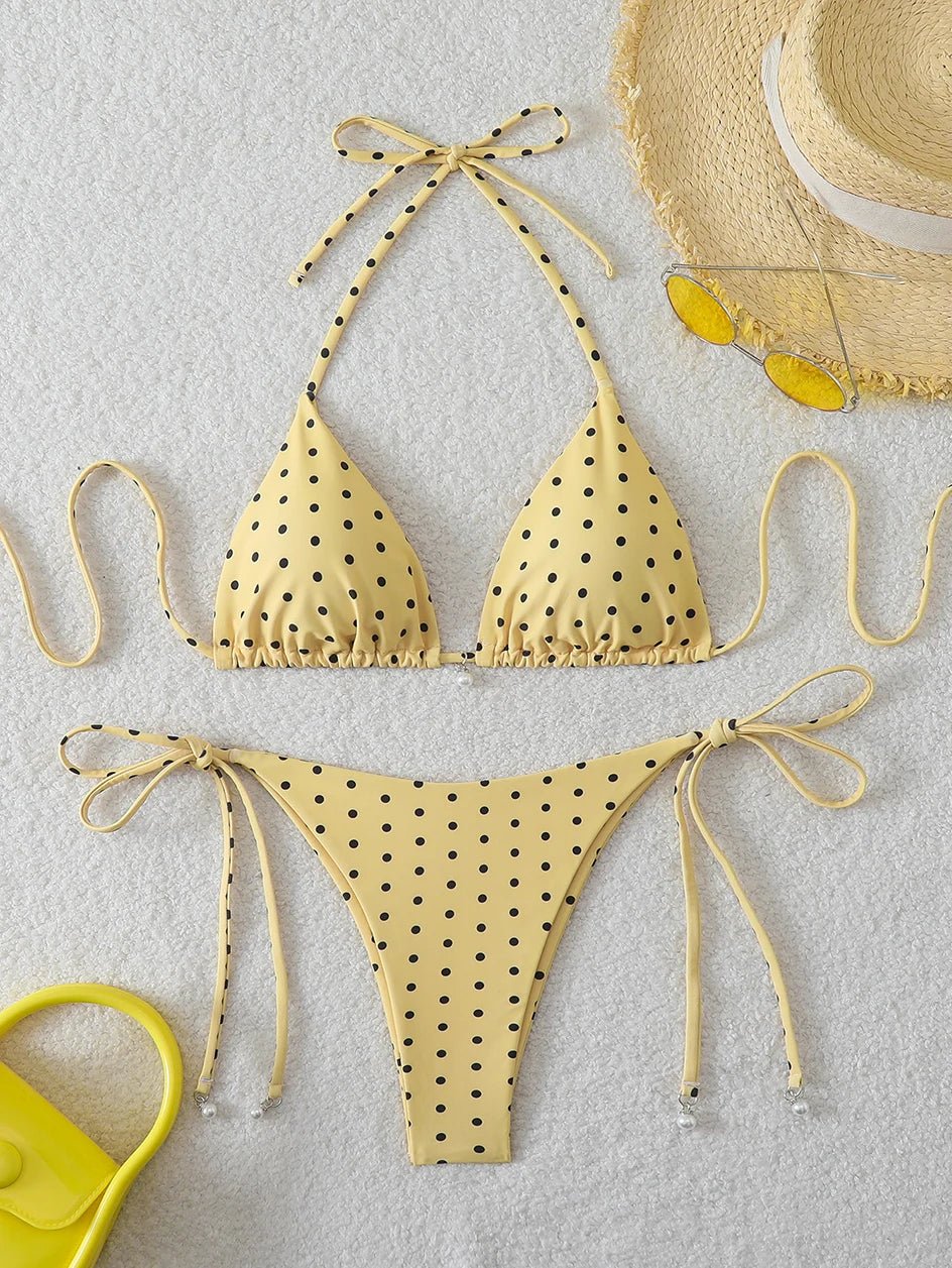 Bikini di Tendenza 2026, Costume da Bagno Sexy con Perle, Micro Bikini a Pois, Abbigliamento da Spiaggia per Donna