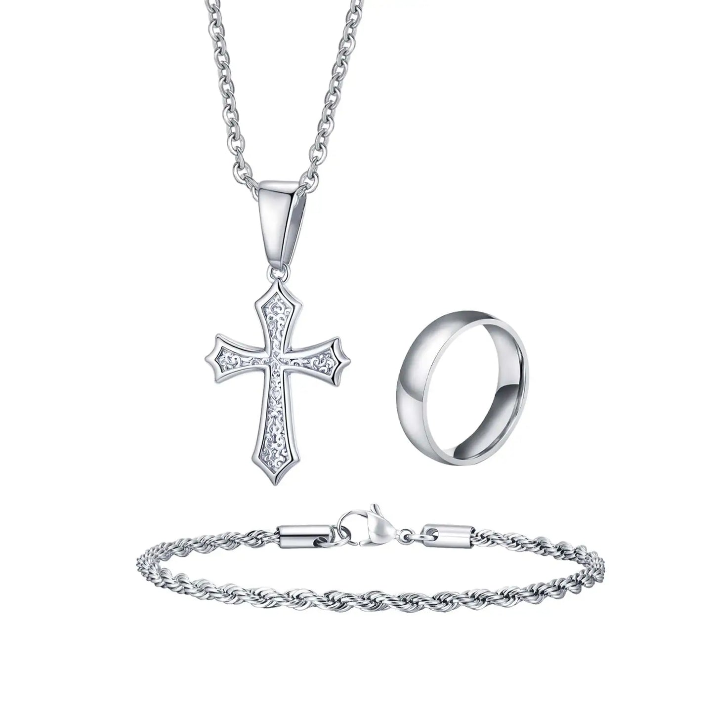 Set di Gioielli Hip Hop da Uomo 3 Pezzi, Ciondolo a Croce in Acciaio Inossidabile, Bracciale con Catena a Corda Intrecciata, Set di Gioielli Regalo per Papà, Figlio, Marito