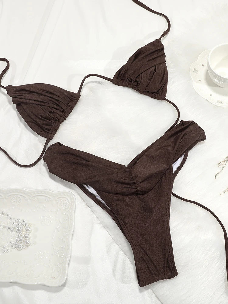 Costume da bagno bikini con pieghe sexy Micro bikini solido Costume da bagno donna Triangolo femminile Costume da bagno da spiaggia