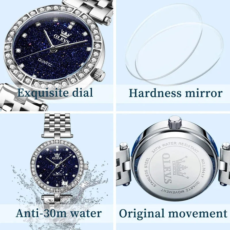 OLEVS 3641 Elegante orologio al quarzo da donna impermeabile Quadrante stellato luminoso in acciaio inossidabile con confezione regalo - Accessorio alla moda da donna
