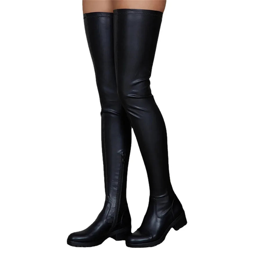 2025 Winter Over the Knee Women Boots European Platform Zipper Ladies Shoes Comfort Square High Heels Elastic Leather Long Boots