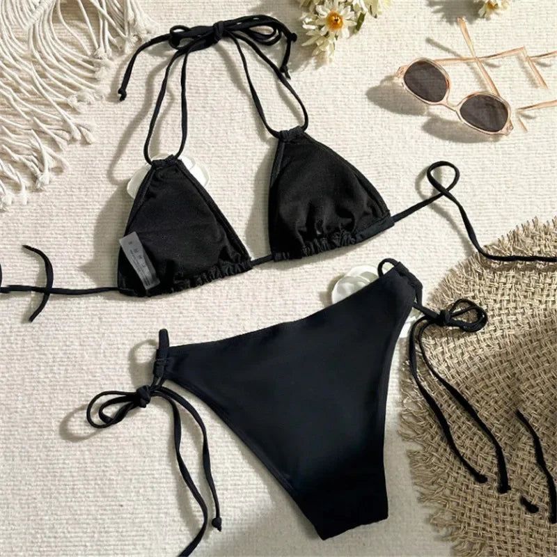 Costume da Bagno Sexy con Fiori e Fascia, Bikini a Perizoma 2025, Costumi da Bagno Donna con Lacci, Set Bikini Brasiliano, Biquini Mujer