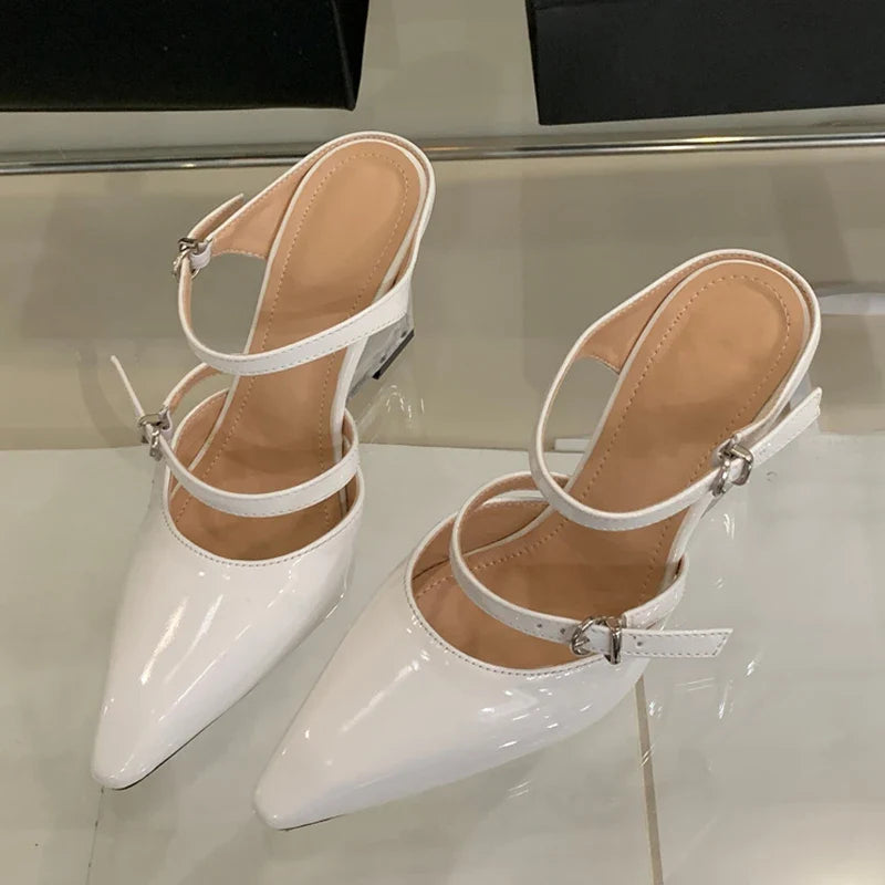 Liyke New Fashion Transparent Wedge Slippers Women Pumps Patent Leather Pointed Toe Buckle Strap Designer High Heels Mules Shoes