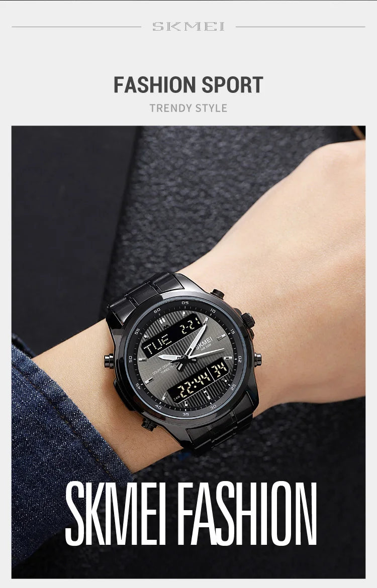 Skmei orologio da polso analogico al quarzo da uomo cinturino in acciaio inossidabile di lusso Led impermeabile digitale sportivo sveglia a tre fusi orari