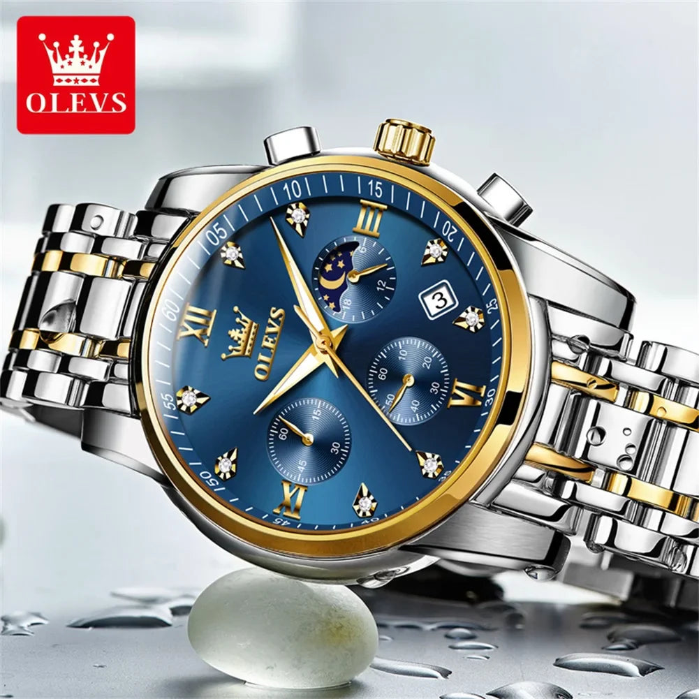 OLEVS 2858 Orologio da Uomo in Acciaio Inossidabile, Impermeabile, Antigraffio, con Fasi Lunari, Luminoso, Cronografo, Orologio da Polso al Quarzo di Lusso