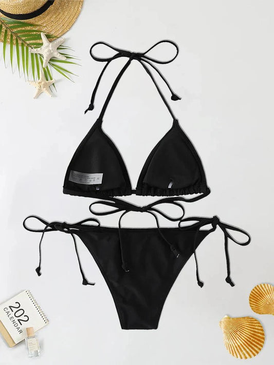 Set 2 Pezzi Bikini Sexy alla Moda per Donna, Costume da Bagno Triangolare con Laccetti, Abbigliamento da Spiaggia, Perizoma, Costume Intero Brasiliano