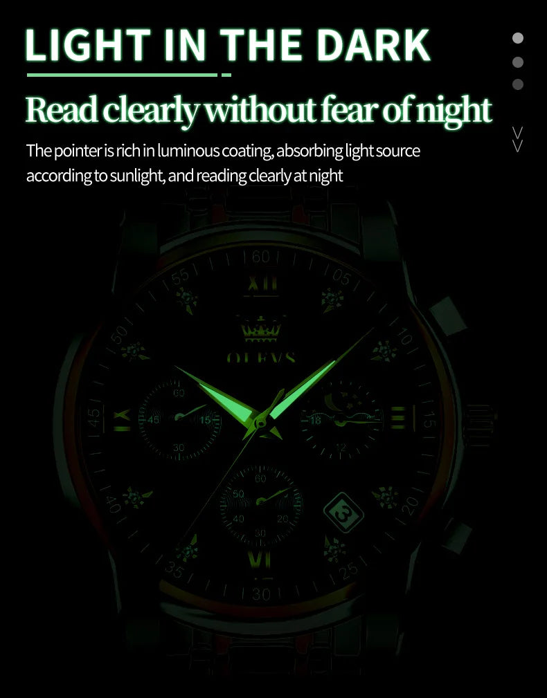 OLEVS 2858 Orologio da Uomo in Acciaio Inossidabile, Impermeabile, Antigraffio, con Fasi Lunari, Luminoso, Cronografo, Orologio da Polso al Quarzo di Lusso