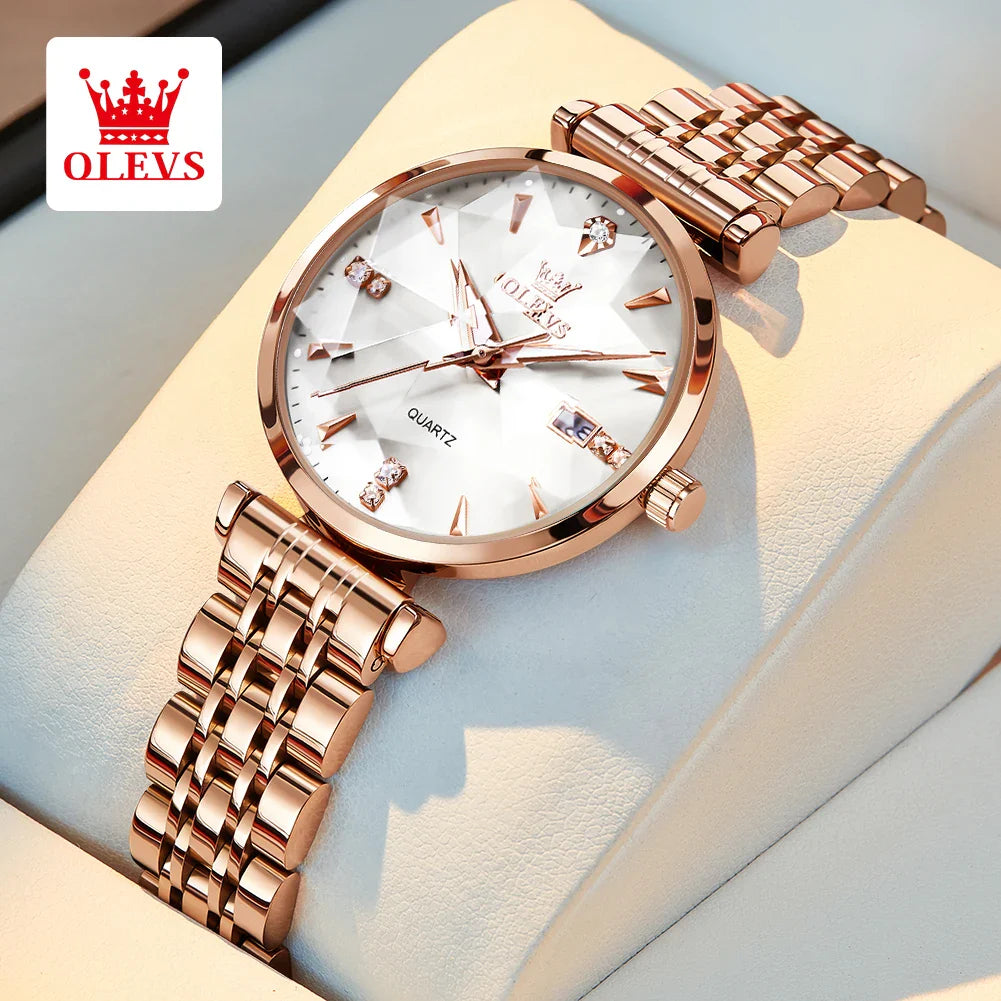 OLEVS 5536 Orologio da donna al quarzo con diamanti di marca di lusso Moda elegante orologio da donna impermeabile in oro rosa con bracciale Set Reloj Mujer