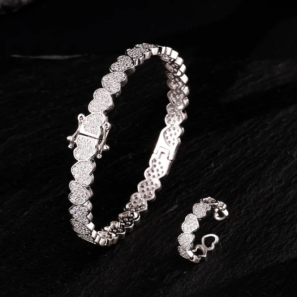 Set di Bracciale e Anello ZAKOL Hip Hop con Charm a Cuore in Zirconia Cubica per Uomo e Donna, Regalo di San Valentino per Coppie