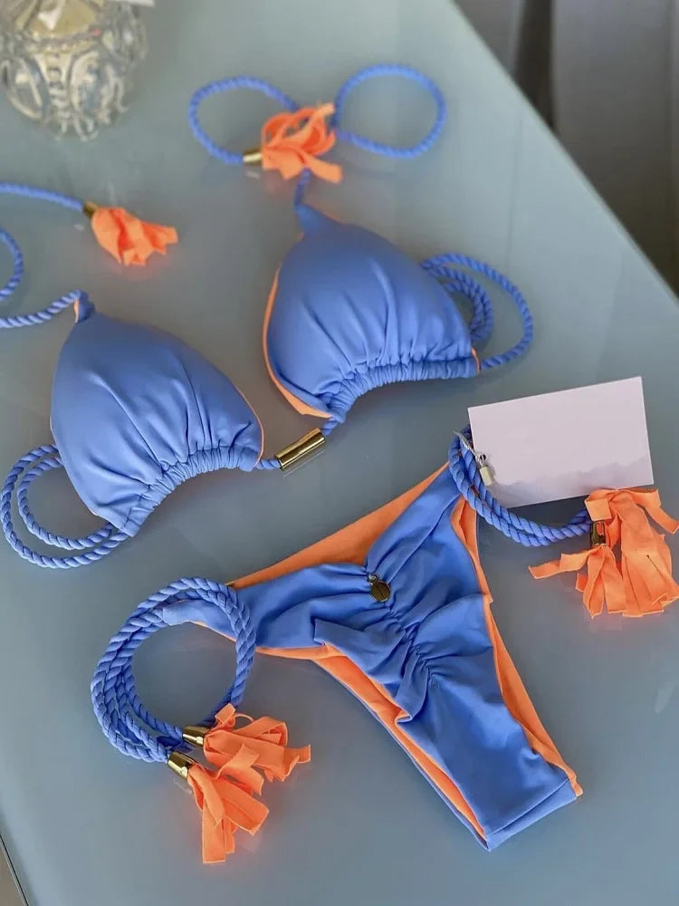 Costume da bagno sexy da donna in tinta unita, due pezzi, triangolare, con corda intrecciata, set bikini, costume da bagno da spiaggia, Biquinis brasiliani