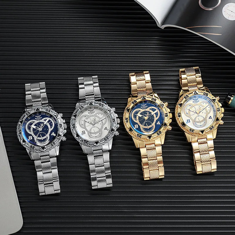 Orologio al quarzo da uomo di lusso Orologio da polso da uomo d'affari classico Quadrante grande Striscia di acciaio legato Orologio al quarzo da uomo a tre occhi con luce blu
