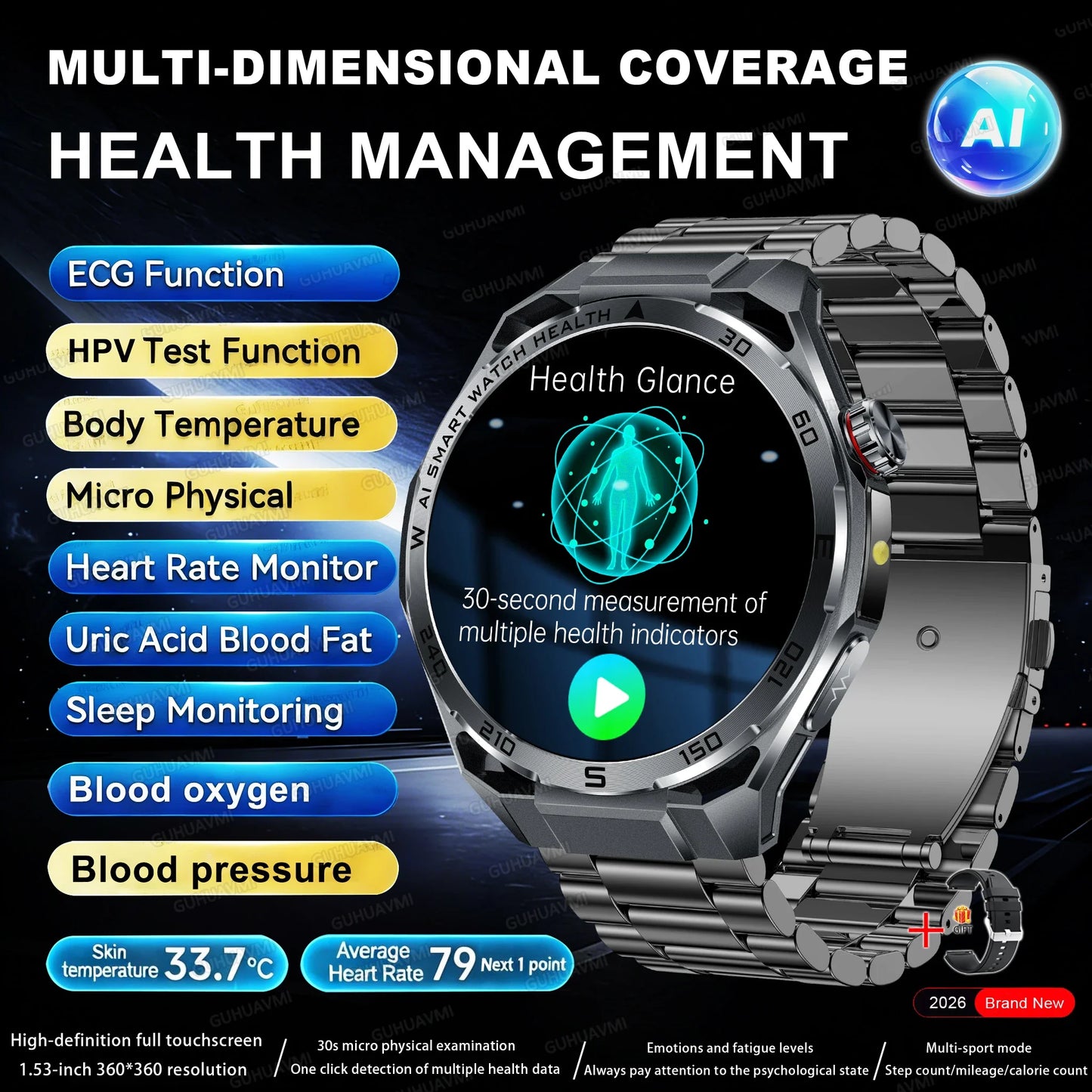Nuovo Smartwatch 2026 con Analisi del Grasso Corporeo ECG+PPG, Acido Urico, Pressione Sanguigna, Ossigeno nel Sangue, Chiamate Bluetooth, Orologio Sportivo Intelligente per Uomini e Donne