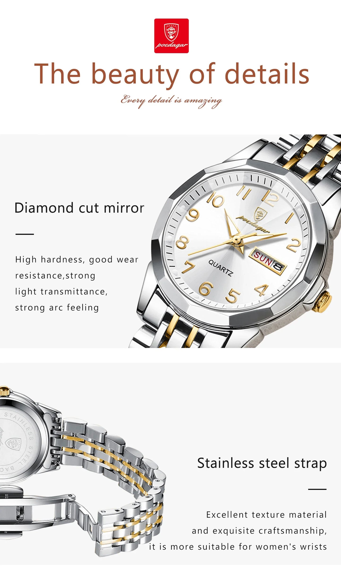 POEDAGAR elegante orologio da polso da donna al quarzo impermeabile luminoso data settimana orologio da donna orologi da donna casual in acciaio inossidabile reloj