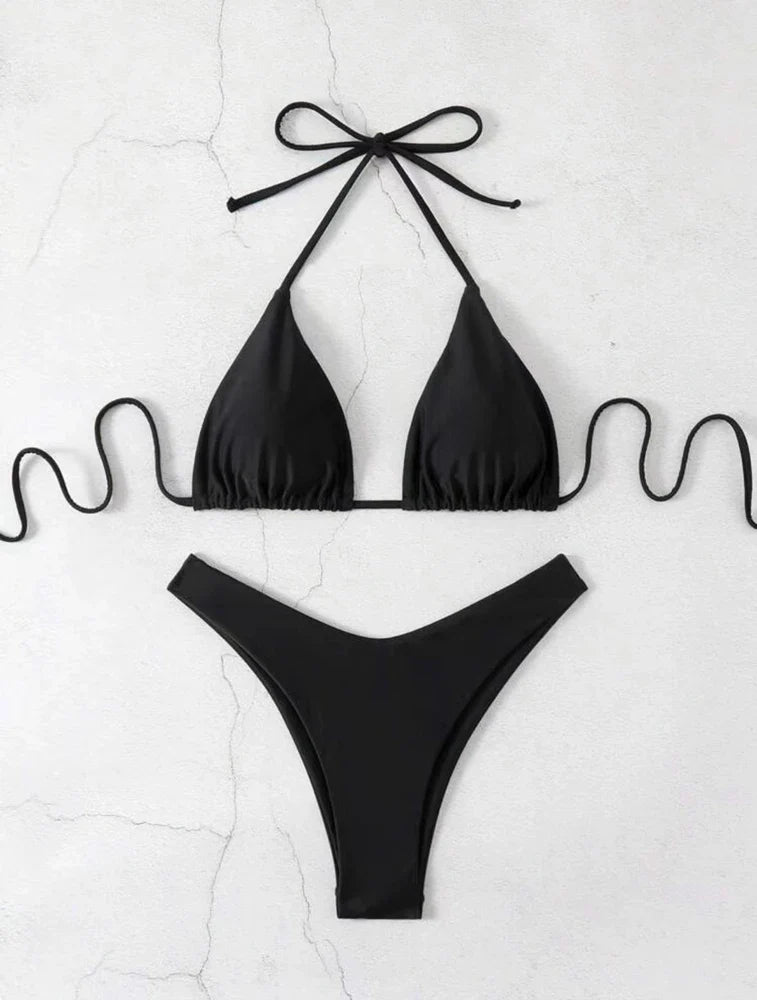 Costume da bagno bikini a perizoma da donna sexy, tinta unita bianco/nero/caffè, con laccetti, stile brasiliano, nuovo, in doppio tessuto, per la spiaggia