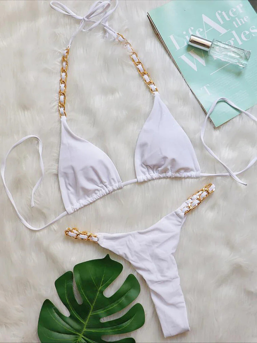 Bikini Brasiliano Due Pezzi con Catene Metalliche e Micro Perizoma, Costume da Bagno Donna