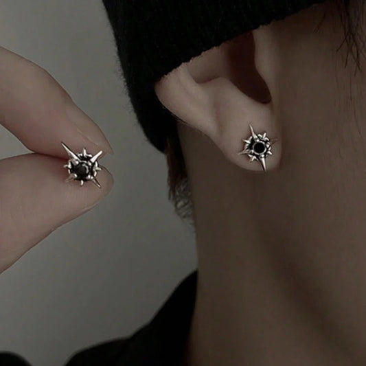 Orecchini a bottone con stella in metallo nero CZ per uomo donna stile Hip Hop colore argento antico Inizio orecchini con coppia in cristallo trasparente