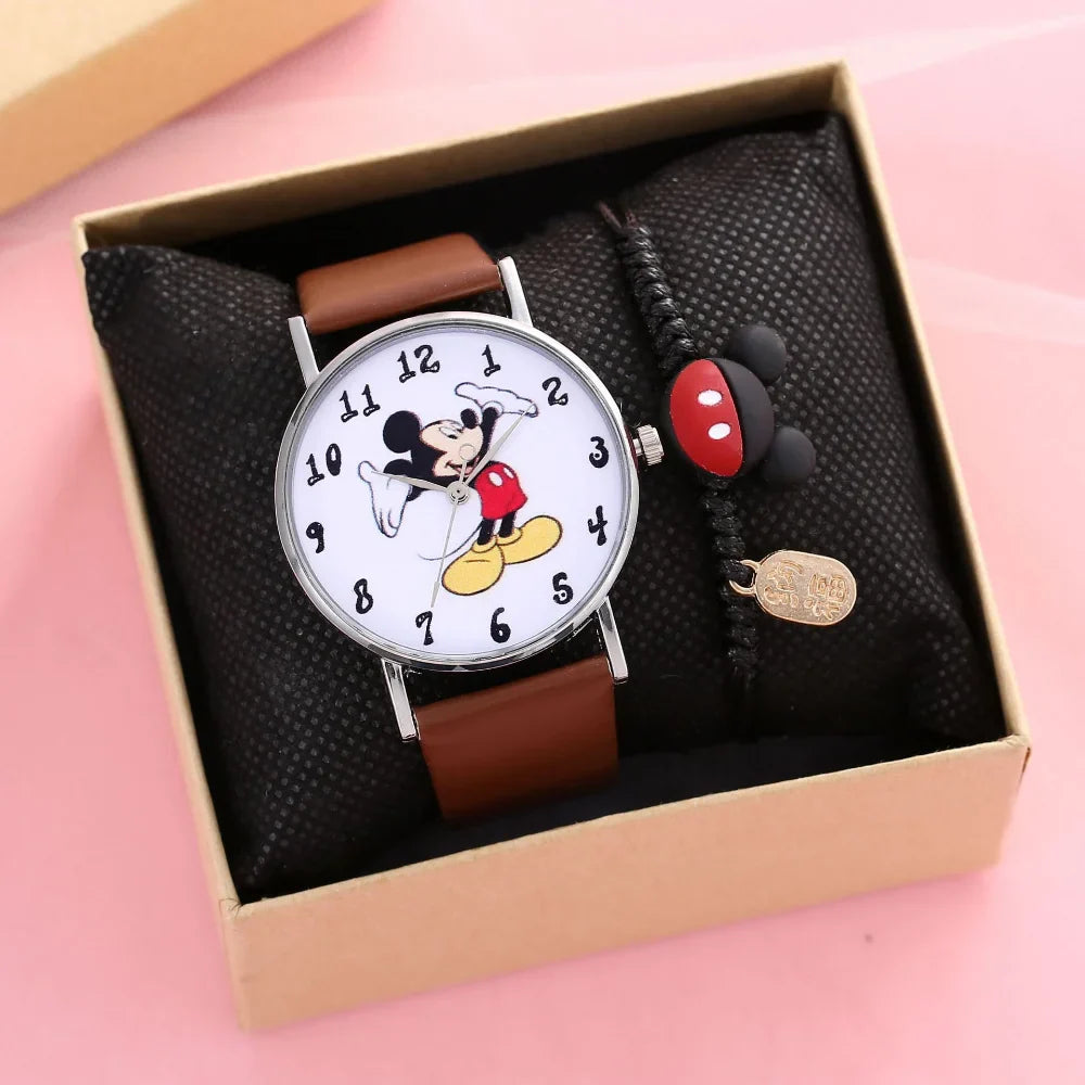 Nuovo set di braccialetti per orologi da donna Disney per bambini Confezione regalo Moda Topolino Orologi da cartone animato per bambini Bracciali da donna con scatola