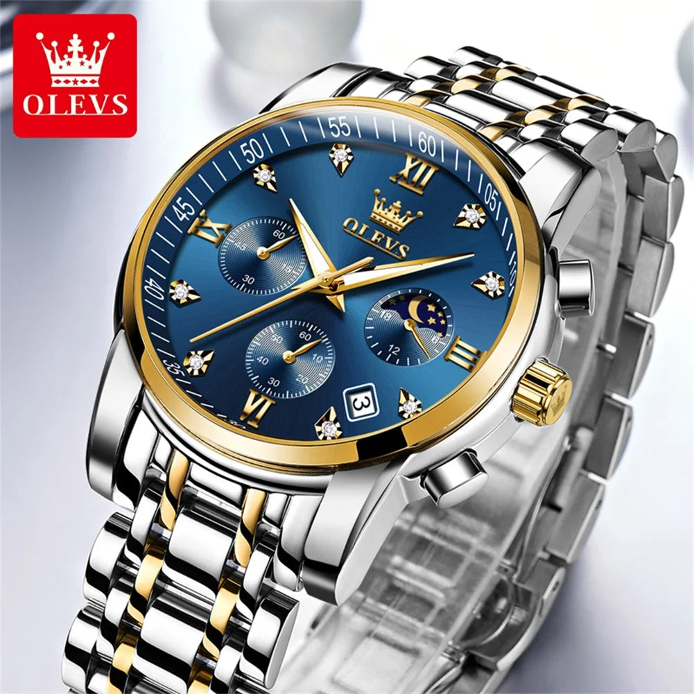 OLEVS 2858 Orologio da Uomo in Acciaio Inossidabile, Impermeabile, Antigraffio, con Fasi Lunari, Luminoso, Cronografo, Orologio da Polso al Quarzo di Lusso