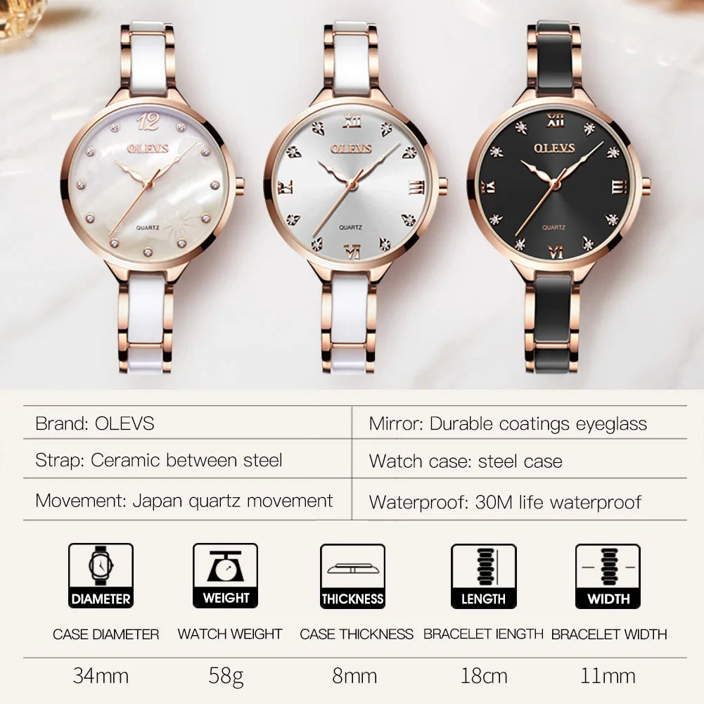 Orologio da donna OLEVS 5872, elegante orologio al quarzo con cinturino in ceramica e acciaio, impermeabile, per donna.