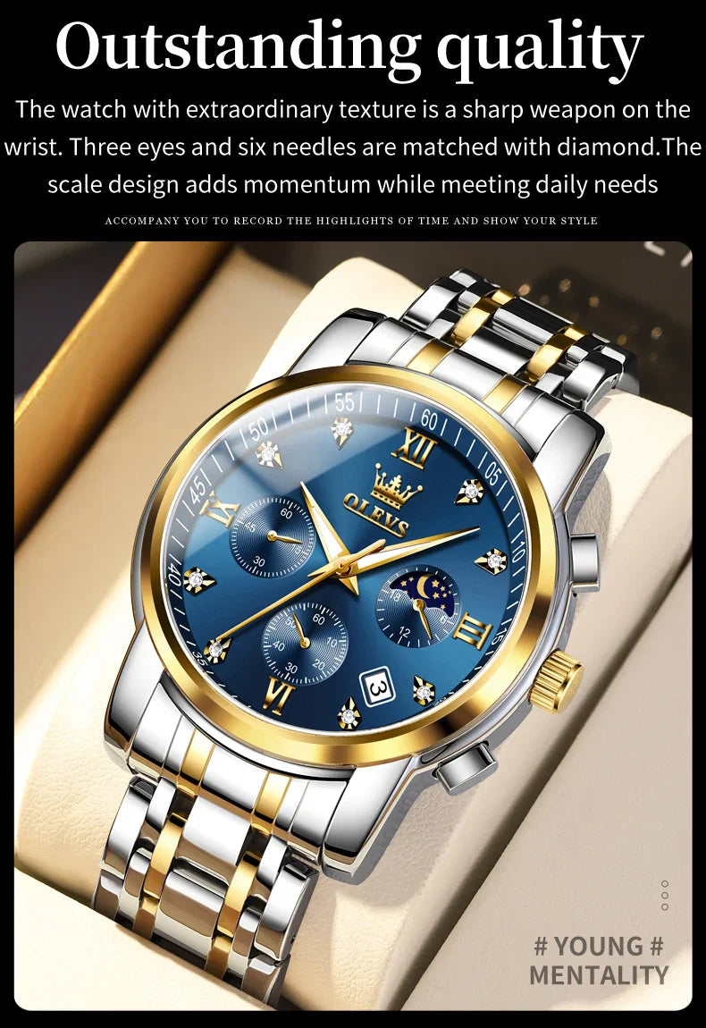 OLEVS 2858 Orologio da Uomo in Acciaio Inossidabile, Impermeabile, Antigraffio, con Fasi Lunari, Luminoso, Cronografo, Orologio da Polso al Quarzo di Lusso