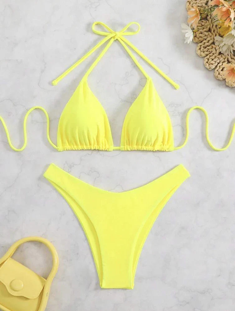 Costume da bagno bikini a perizoma da donna sexy, tinta unita bianco/nero/caffè, con laccetti, stile brasiliano, nuovo, in doppio tessuto, per la spiaggia